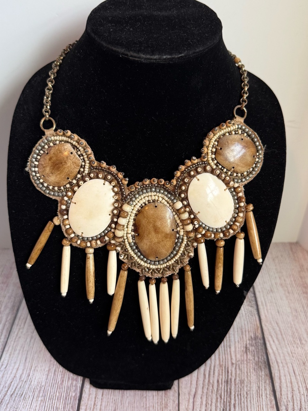 CHICOโS Tribal Statement Tan Boho Bib Necklace